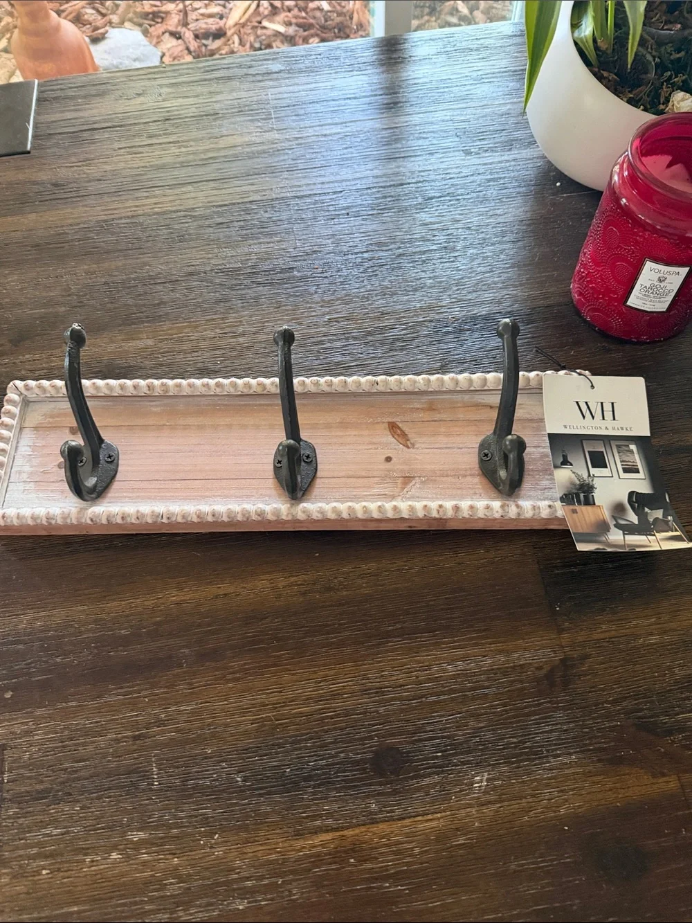 Beige Pink Wooden Wall Hook Rack - 3 hooks